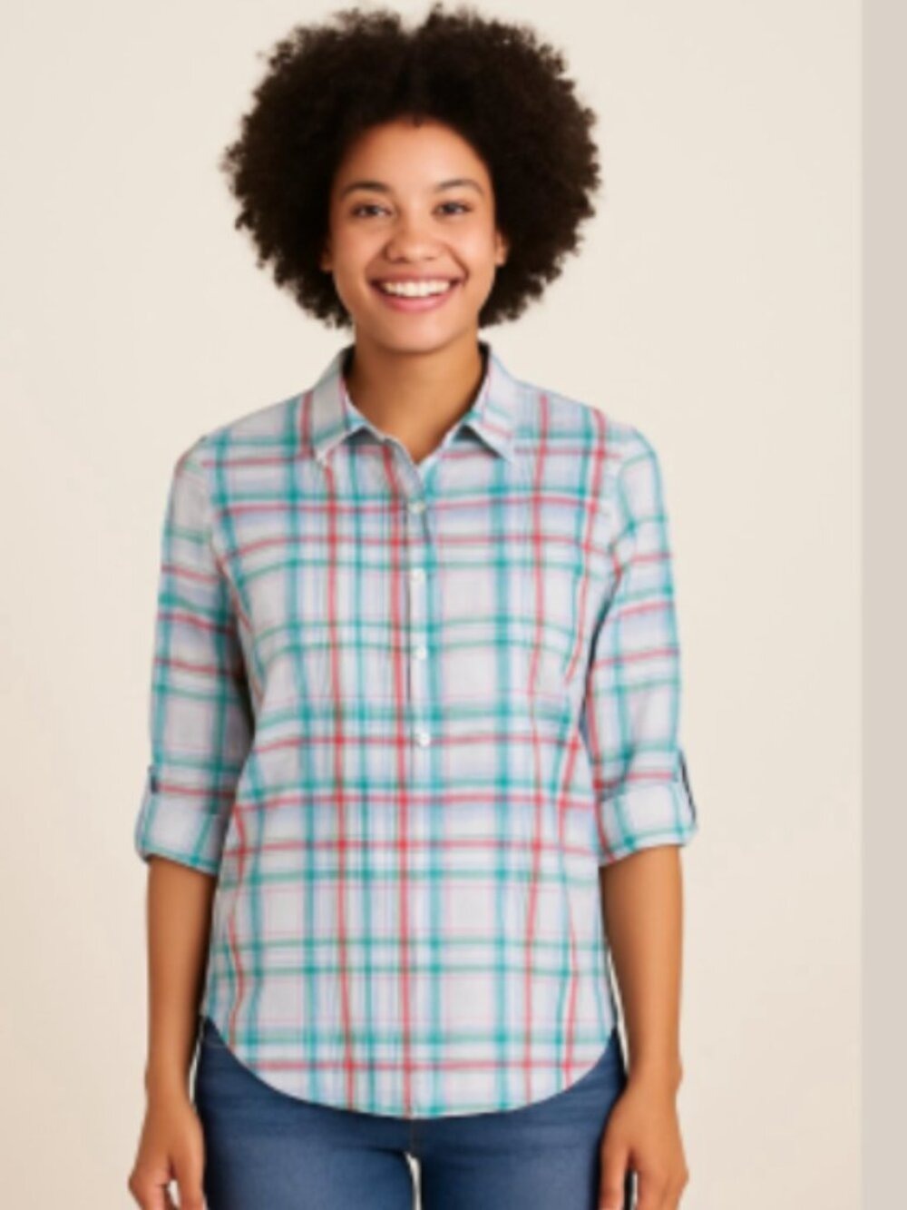 Tommy Hilfiger White Green Pink Plaid Cotton Poplin Button Down Shirt Small